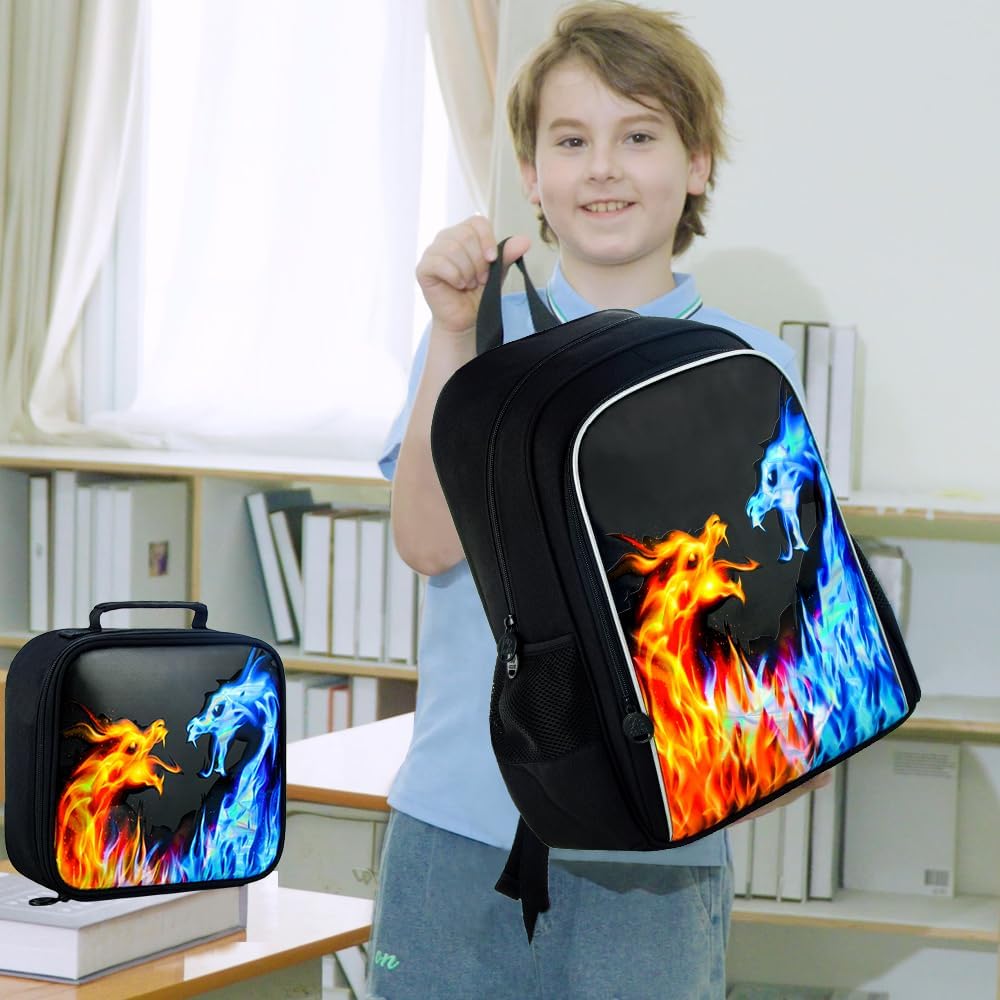 3PCS Dinosaur Backpack for Boys, 16 Inch Kids Water Resistant Preschool Elementary Kindergarten Bookbags and Lunch Box