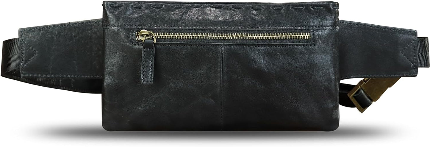 LRTO Genuine Leather Waist Bag Fanny Packs Hip Bag for Women and Men Real Leather Small Fanny Bag Sling Bag Crossbody Bags Chest Purses (Black), LRTO-15006
