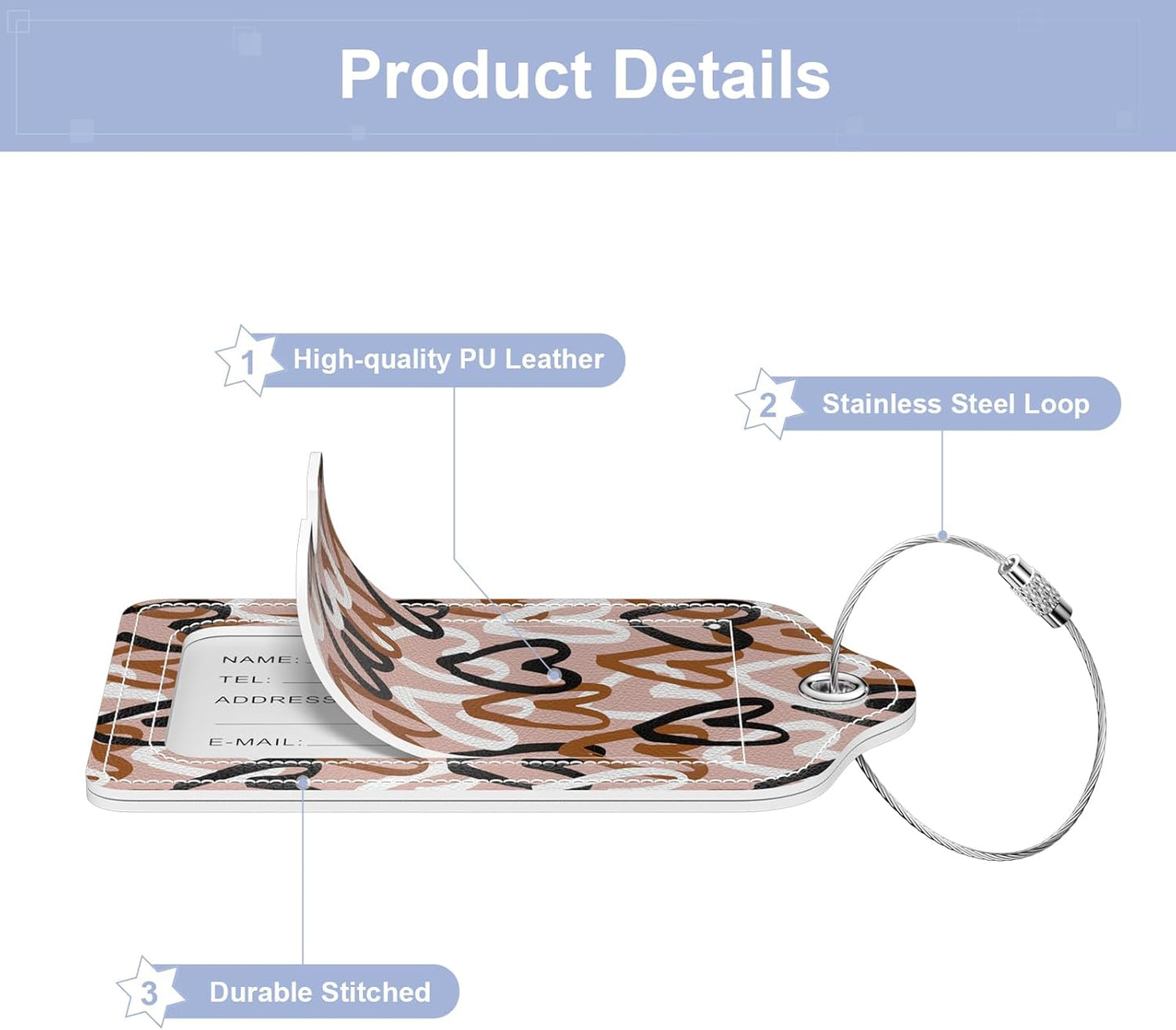 2 Pack PU Leather Luggage Tags for Suitcase, Travel Cruise Luggage Tag with Privacy Flap, Name ID Label and Metal Loop for Women Men Baggage Handbag School Bag Backpack, Heart Leopard