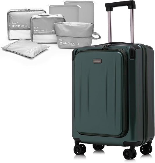 Premium Carry On Luggage, 20 Inch Top Opening Aluminum Frame Lightweight Airline Approved ABS+PC Hard Shell Suitcases with Silent Wheels, TSA Lock, Front Pocket and Wet-dry Separated Six-piece Set
