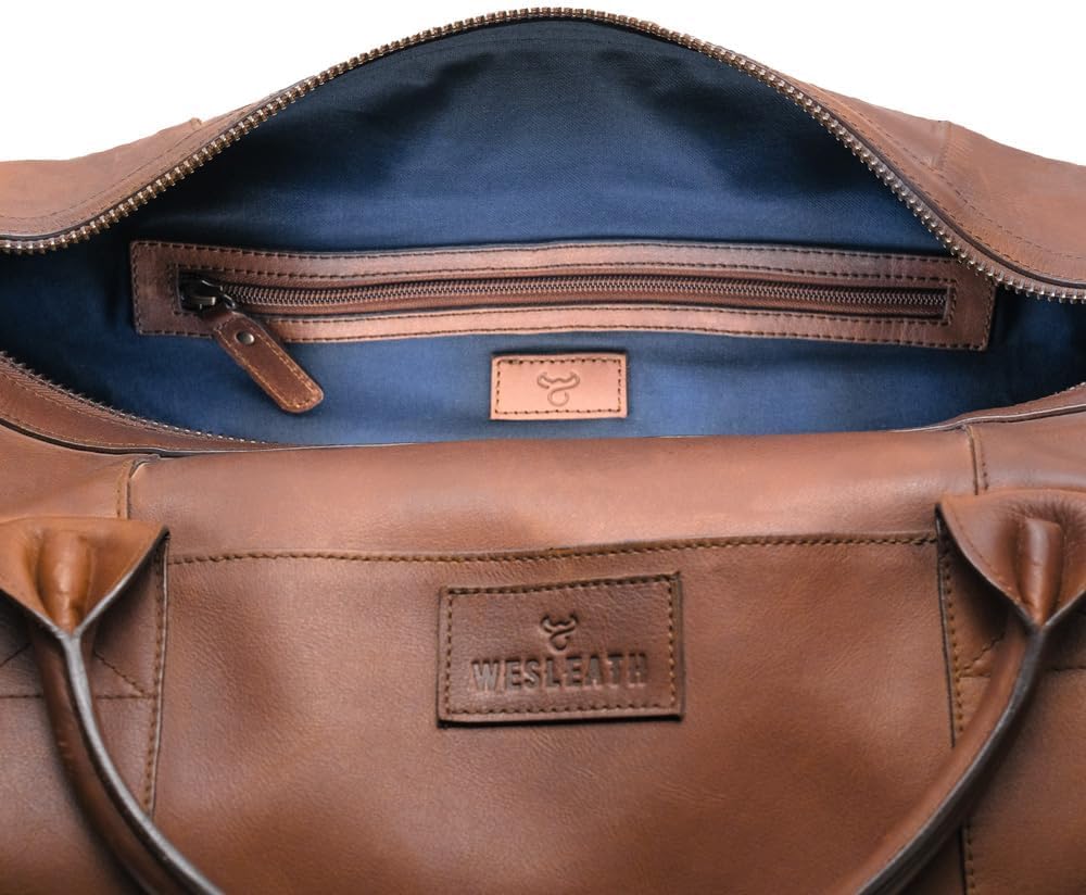 Full Grain Leather Duffle Bag – 25L Travel, Gym & Carry-On Weekender for Men | Handcrafted Overnight Bag with Brass Hardware, Bourbon Style