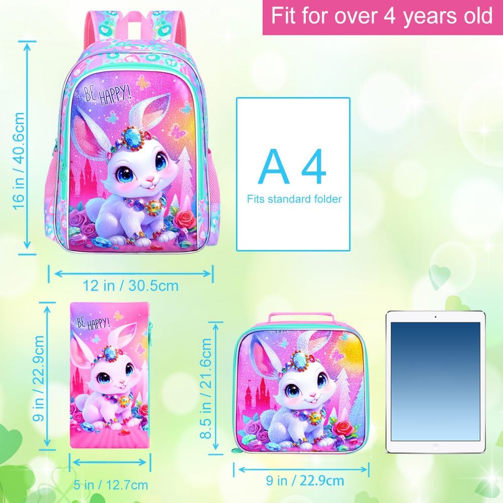 3Pcs Bunny Backpack for Girls, 16" Kids Bookbag for Elementary Preschool Kindergarten, School Backpacks with Lunch Box(Pink)