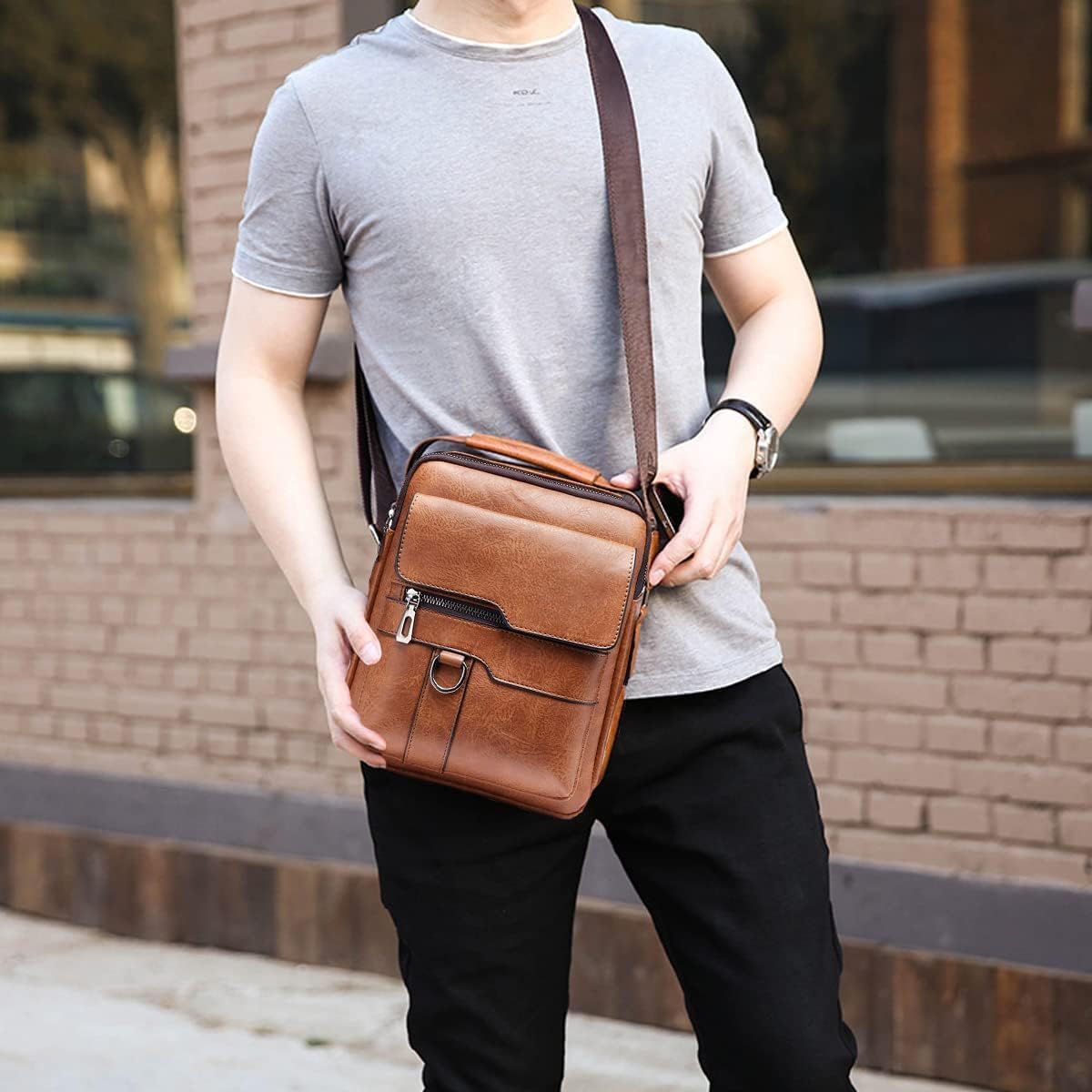 Vintage Genuine Leather Crossbody Bag for Men – Small Shoulder Satchel Handbag for Daily Use