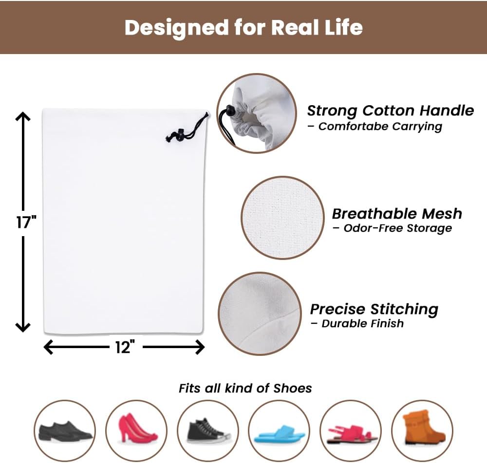 LFH Cotton Rich Shoe Storage Bags with Drawstring, Dustproof Breathable Reusable Organizer, Perfect For Travel, Dorm, Hotel, College, Gym, Easy to Carry, Machine Washable 12"x17" (Pack of 4) - White