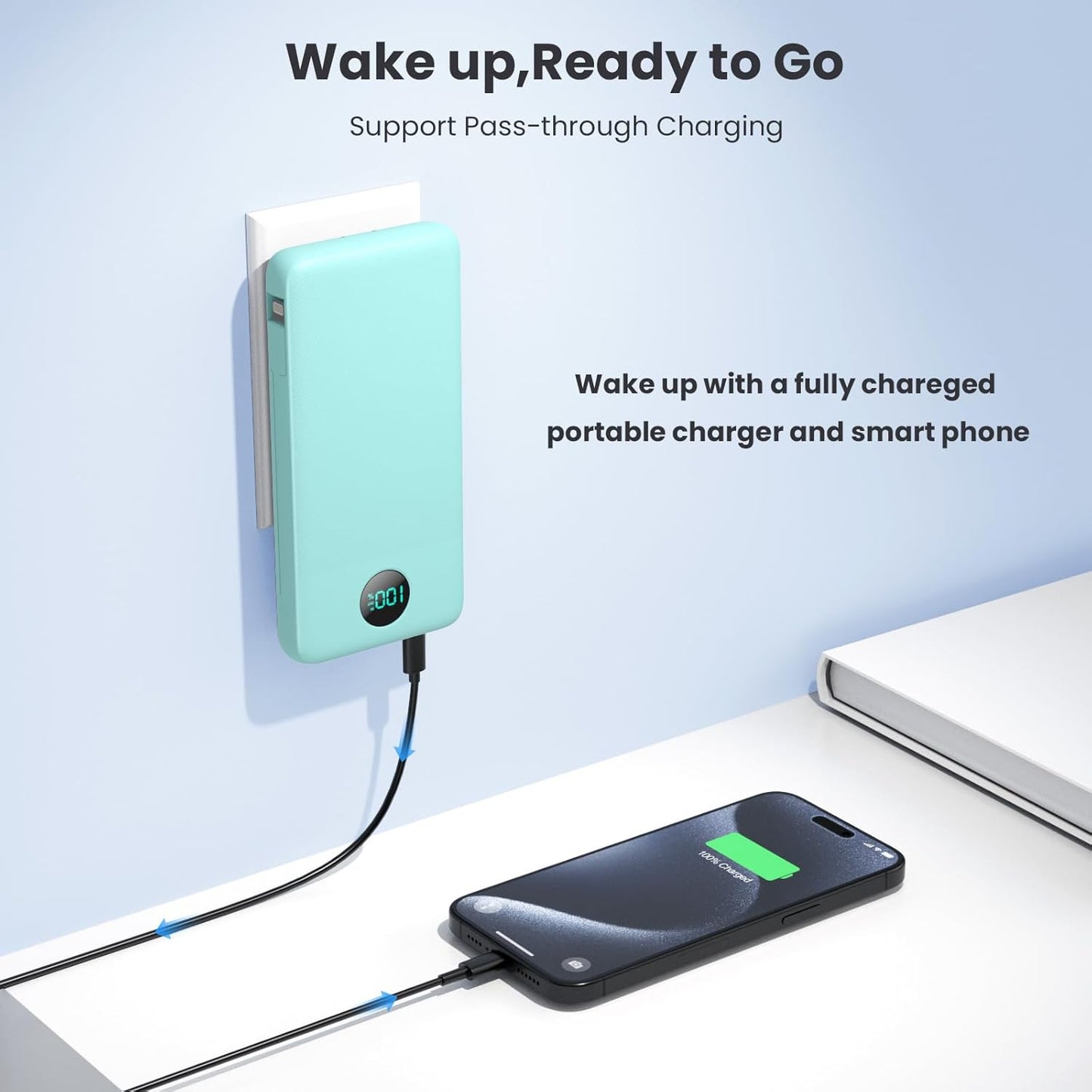 Portable Charger 13800mAh Slim USB C Power Bank with Built in Cables and Wall Plug,LCD Display Lightweight Travel Battery Pack,PD Fast Charging Compatible with iPhone 17,16,Samsung Android-Green