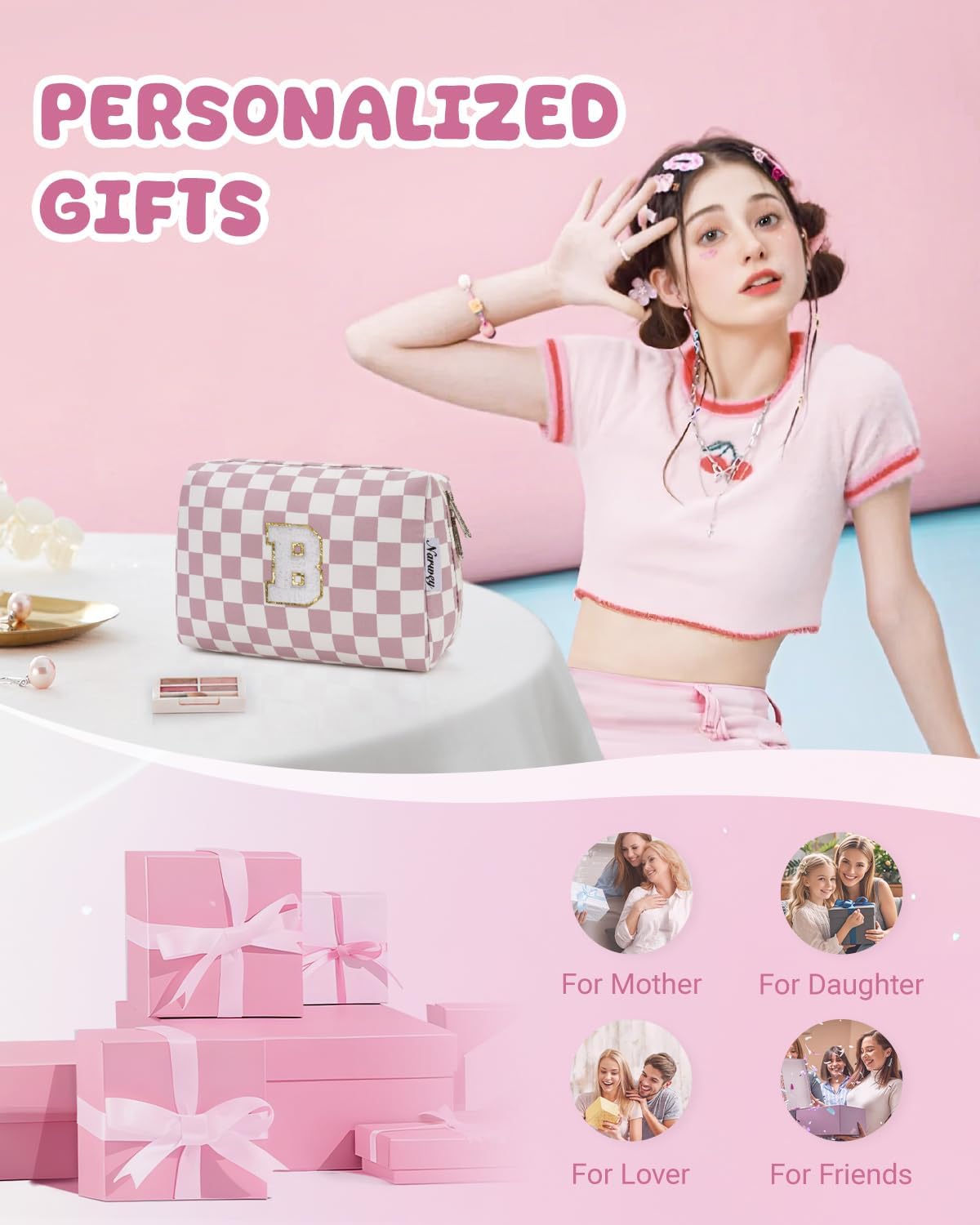 Narwey Birthday Gifts for Teen Girls Kids Women Personalized Initial Checkered Makeup Bag Pink Monogram Cosmetic Bag Trendy Stuff 6 8 10 11 12 13 14 16 18 Years Old Travel Toiletry Bag (Dusty Rose B)