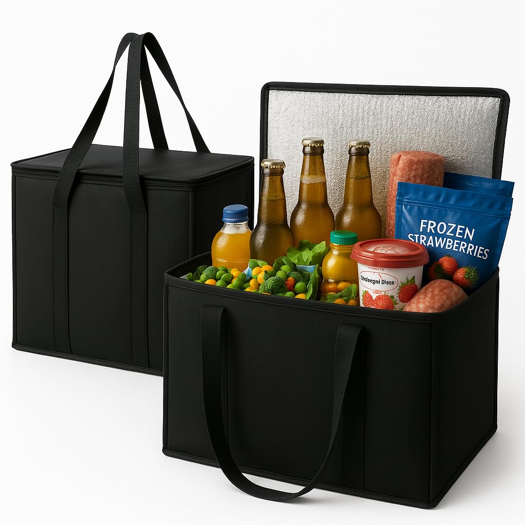 2-Pack, XL-Large Insulated Grocery Shopping Bags, Black, Reusable Bag