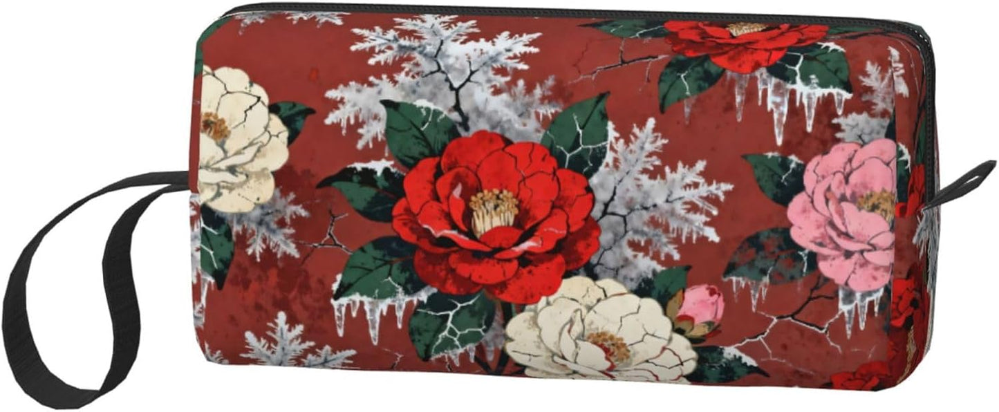Burgundy Frosted Camellia Makeup Bag Organizer Compact & Durable Floral Travel Cosmetic Bag Oxford Fabric Impact-Resistant Multi-Purpose Storage Perfect for Travel, Gym, Daily Use