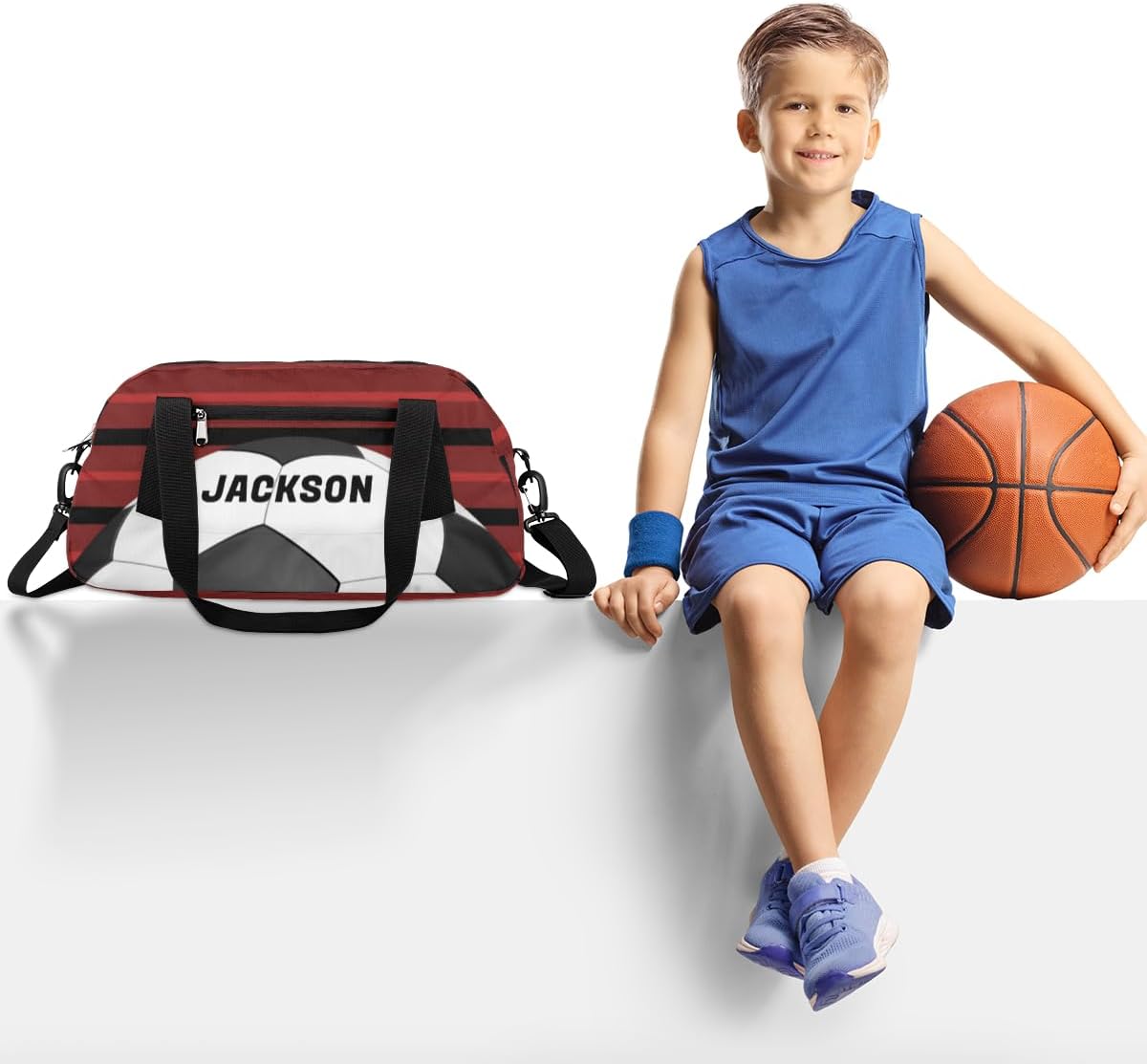Football Ball Custom Name Kids Overnight Duffel Bags Boys Red Stripe Personalized Sport Gym Bag Customized Duffel Bag for Travel Weekender Practice Gymnastics