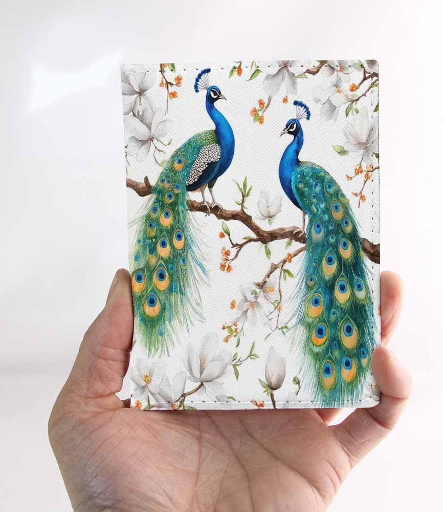 Peacock Passport Holder for Travel Blooming Flower Trees Magnolia PU Leather Passport Cover Wallet Cute Passport Card Holder for Women and Men