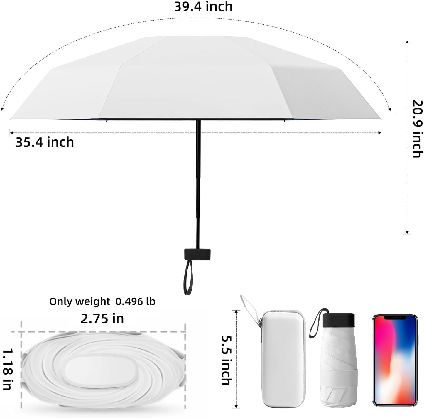 Travel Mini Folding Compact Umbrella with Case, 8 Ribs Lightweight Portable, Small Sun & Rain Pocket Umbrella for Girls and Women