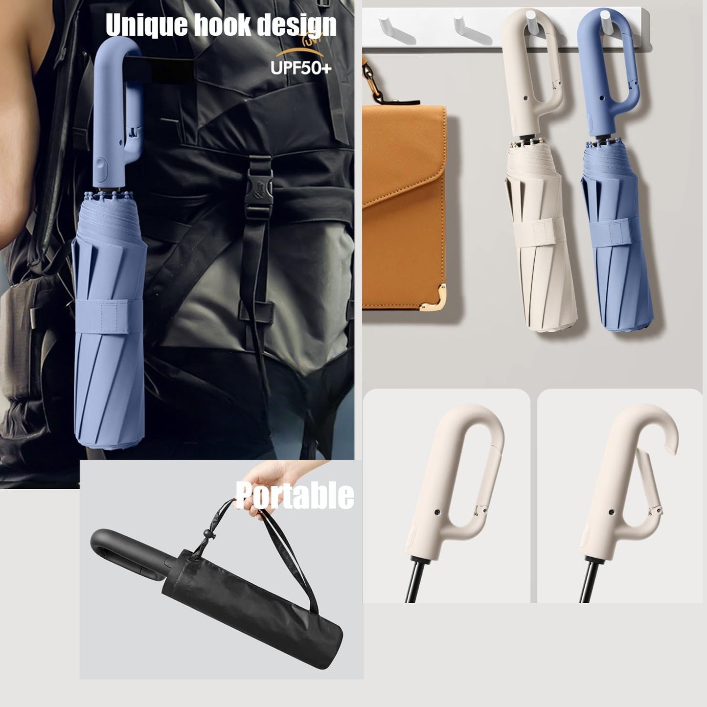 Travel Folding Golf Umbrella 10 Ribs Automatic Open/Close,Lightweight Compact Portable Backpack Car Parasol Outdoor,Sun/Rain,Anti 99 UV Protection UPF 50,Men Women Carabiner Handle Design