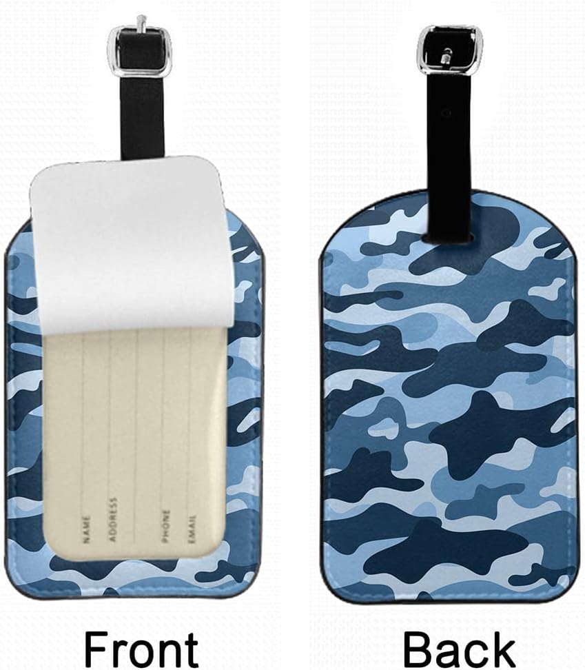 Blue Camouflage Leather Suitcase Tags Identifiers Retro Ocean Design Camo Pattern Navy Blue Leather Luggage Bag Case Tags with Name ID Card for Travel Bags Schoolbag Handbag Lunchbox, 1 Pack