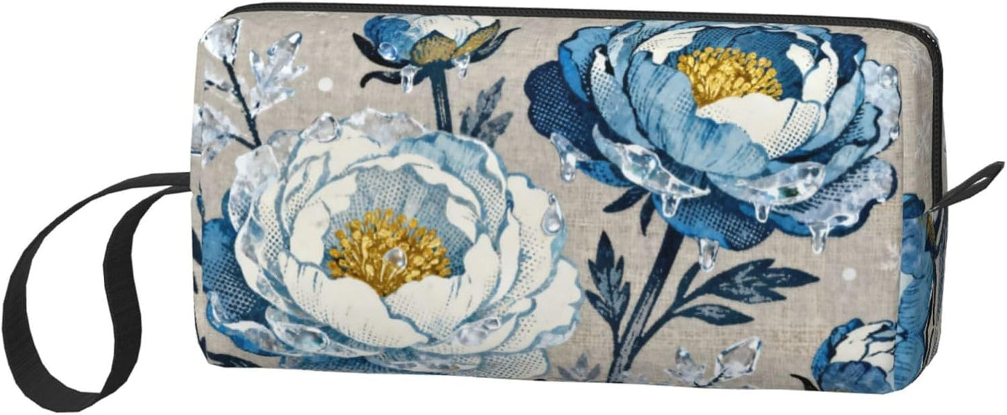 Blue White Floral Makeup Bag Organizer Compact & Durable Frosted Floral Travel Cosmetic Bag Oxford Fabric Impact-Resistant Multi-Purpose Storage Perfect for Travel, Gym, Daily Use