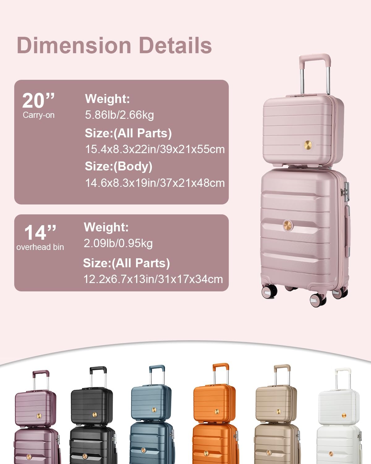 Somago 20 Inch Carry On Luggage Sets Hardside Suitcase with Double Spinner Wheels and TSA Lock YKK Zipper (Nude Pink,14/20)