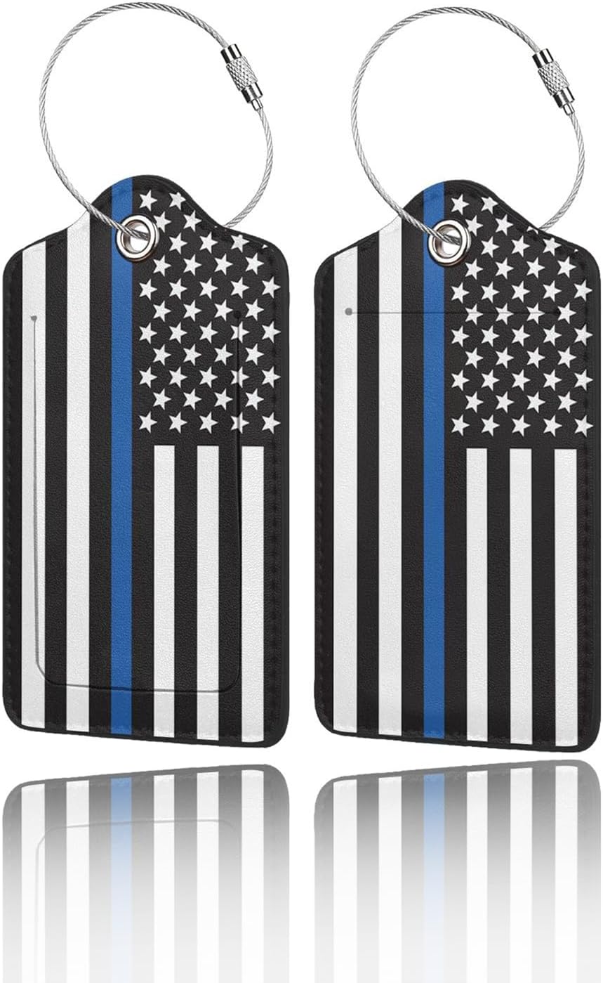 2 Pack Luggage Tags for Suitcase, Privacy Cover ID Label with Stainless Steel and Address Card for Travel Bag Backpack Cruise Ship Essentials Tag Women Men - Thin Blue Line American Flag