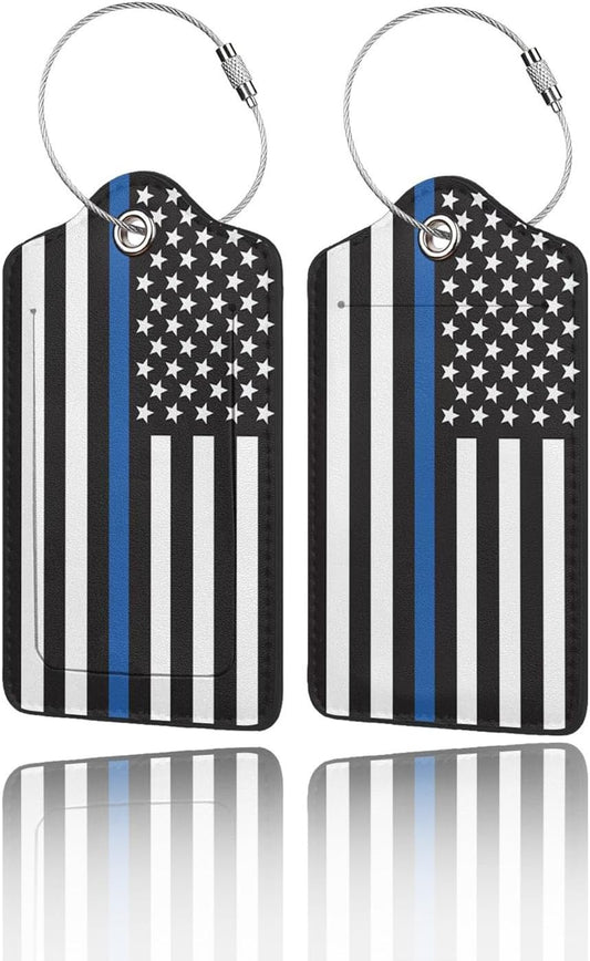 2 Pack Luggage Tags for Suitcase, Privacy Cover ID Label with Stainless Steel and Address Card for Travel Bag Backpack Cruise Ship Essentials Tag Women Men - Thin Blue Line American Flag