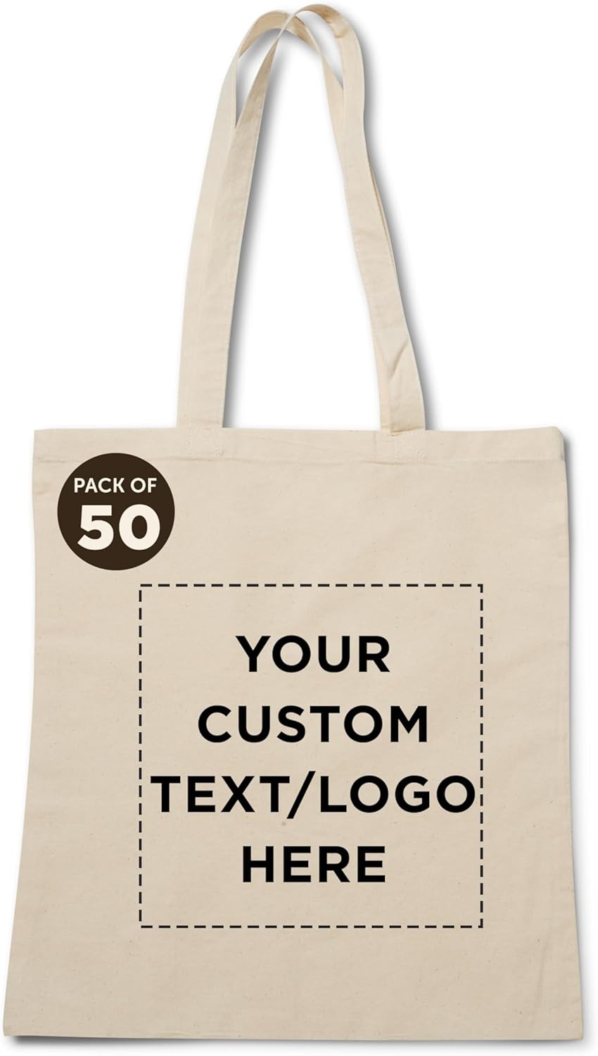 DISCOUNT PROMOS Custom Natural Cotton Fiber Tote Bags (Set of 50) - Personalized, Reusable & Eco-Friendly - Perfect for Grocery, Promotions, Branding - Natural Color, 14.5"X16", 5 OZ Cotton