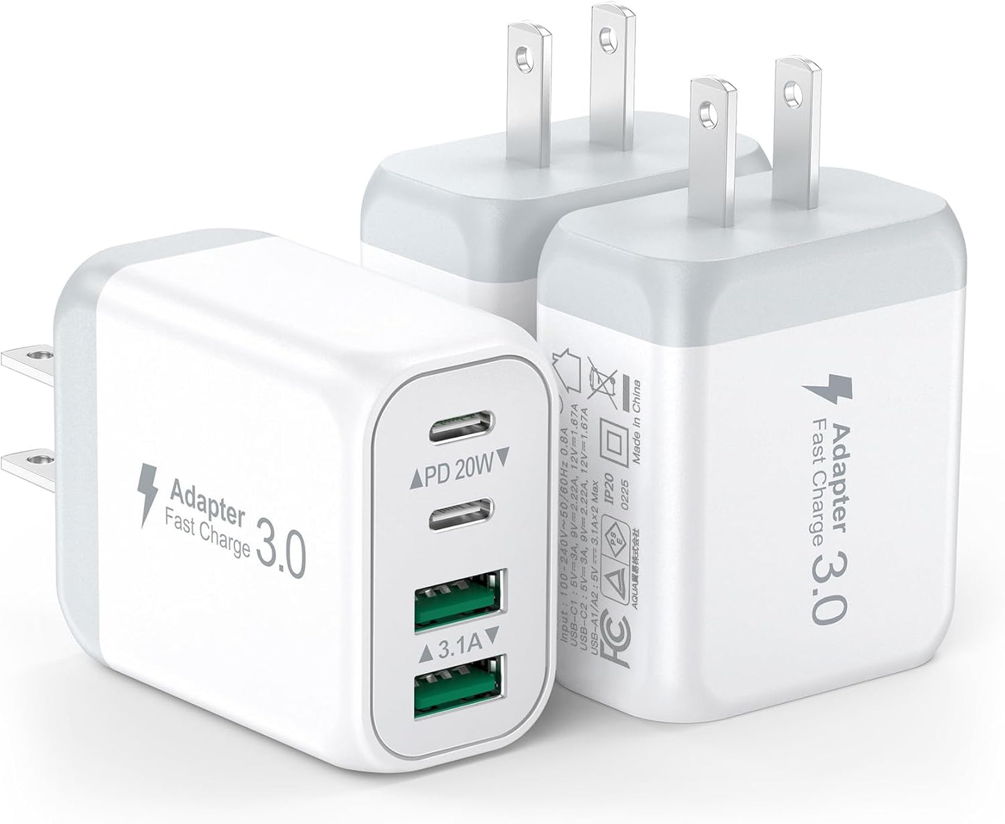LCGENS 3 Pack USB Wall Charger,Fast C Charger Block 4 Port PD Power Adapter,QC Plug Multiport Type Charging Cube for iPhone 14/15/16/17 Plus/Pro Max, LG,Nexus,HTC,Google Pixel,and More