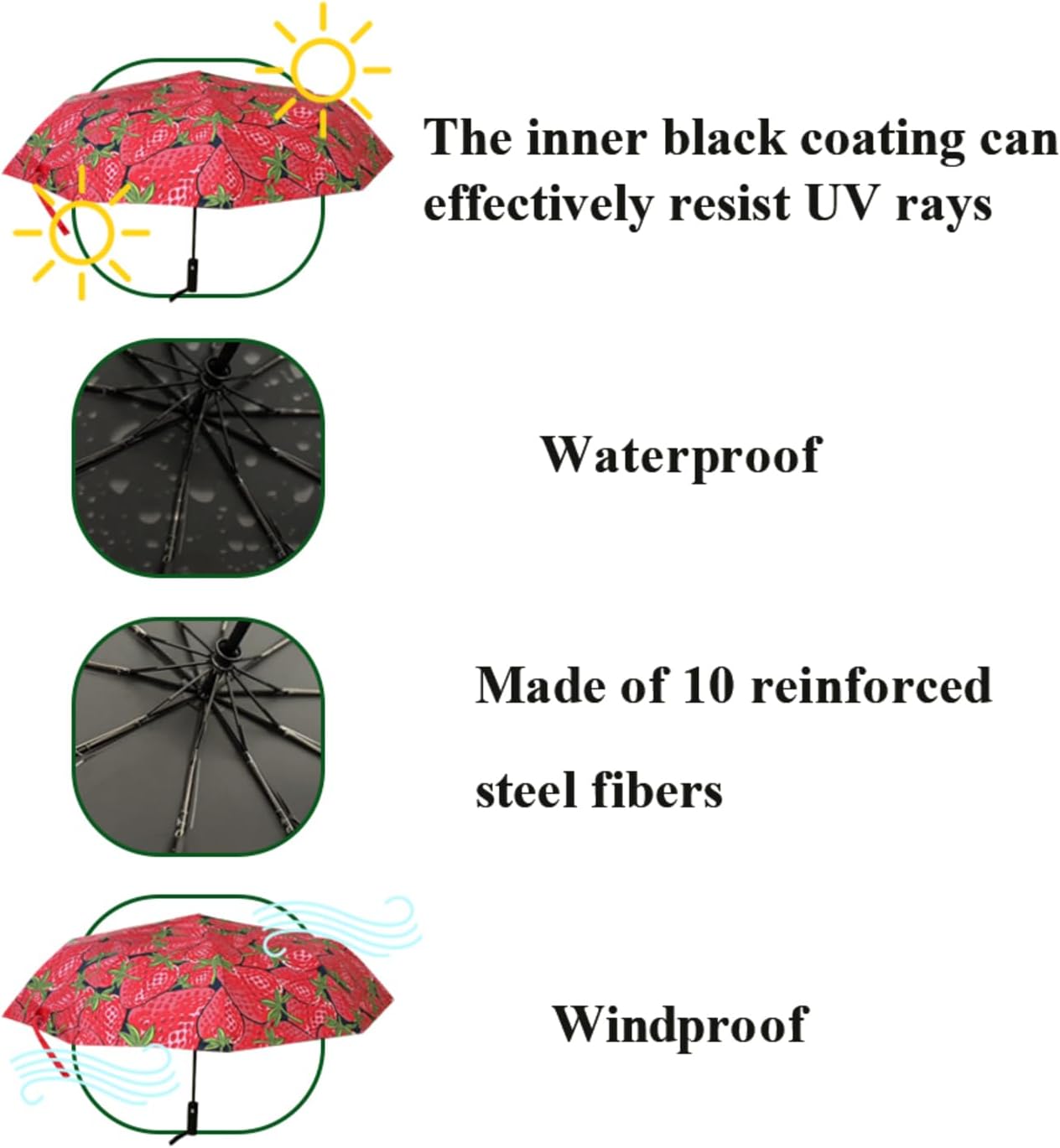 Windproof Travel Automatic Umbrella, 10 Ribs, Rainproof Foldable, Uv-Resistant, Portable