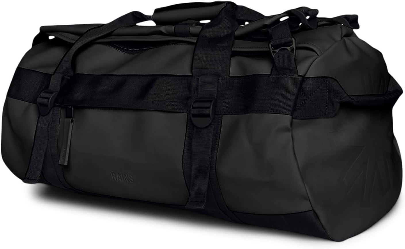 RAINS Texel Duffel Bag Small - Waterproof Black Duffel with U-Shaped Zip Closure, Mesh Pockets, Compression Straps, and Padded Carry Handles - 2 Year Warranty