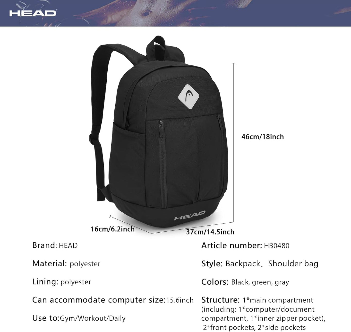 HEAD 30L Waterproof Travel Backpack for Men, 15.6 inch Laptop Backpack, Casual Daypack Backpacks for Sport Gym/Workout/College