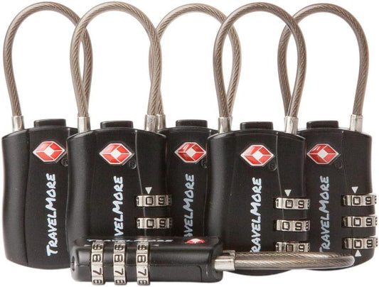 6 Pack TSA Approved Travel Combination Cable Luggage Locks for Suitcases & Backpacks - Black