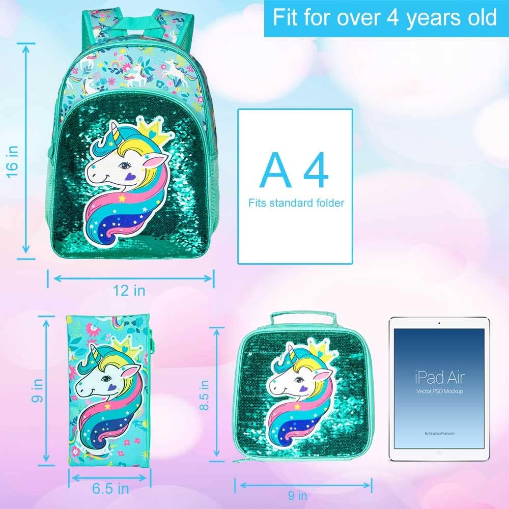 3PCS Girls Backpack, 16" Sequin Prechool Elementary Bookbag and Lunch Box