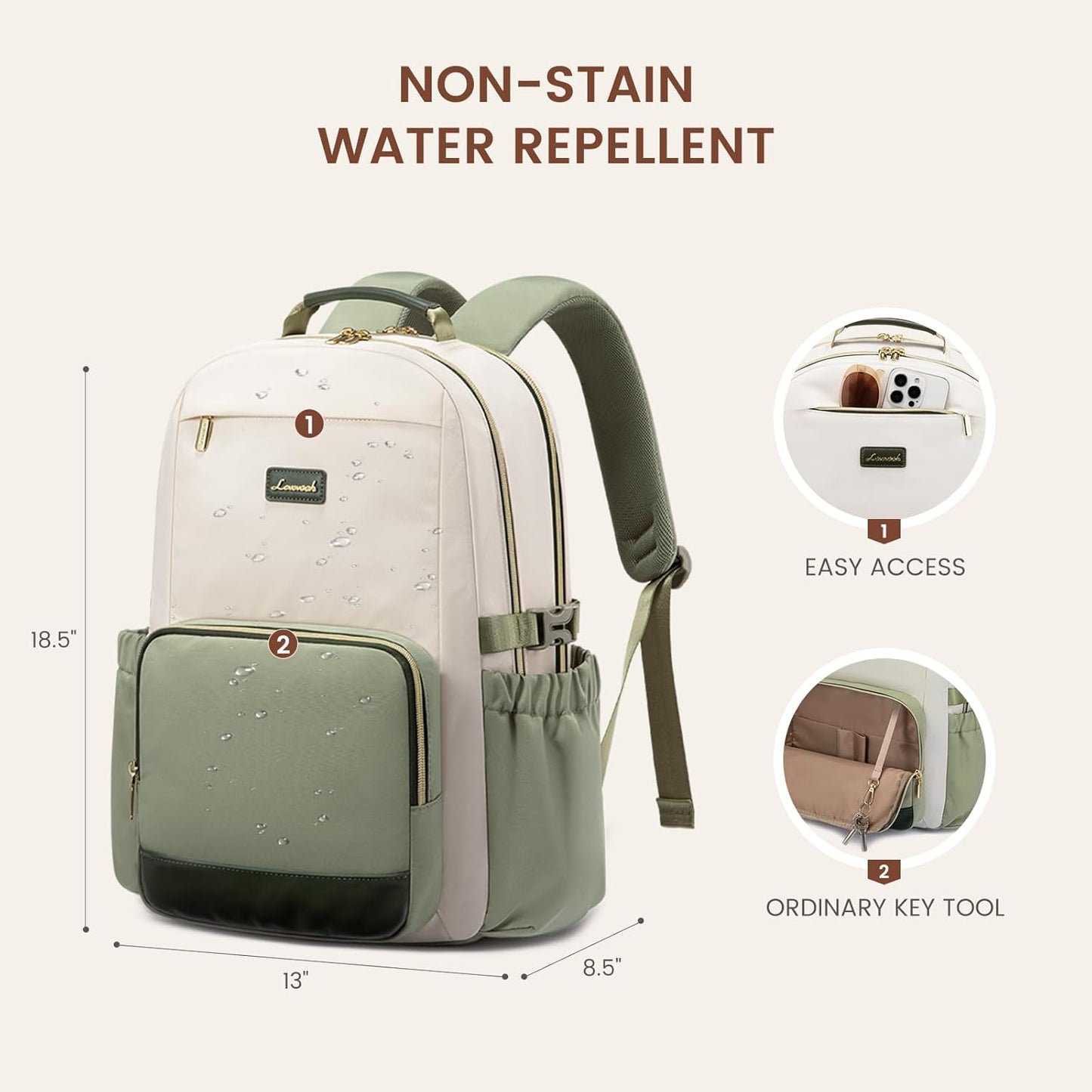 LOVEVOOK Laptop Backpack for Women with Pouch Pocket for Large Capacity Cup,17 Inch Teacher Nurse College Work Backpack Purse,Waterproof Laptop Bag Computer Back Pack for Travel, Beige-Green-Black