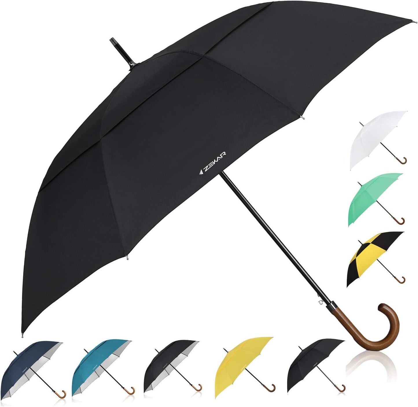 ZEKAR 54 inch Wooden J Handle Golf Umbrella, Classic Double Canopy Windproof Large Auto Open Rain Stick Umbrellas (54inch-black)