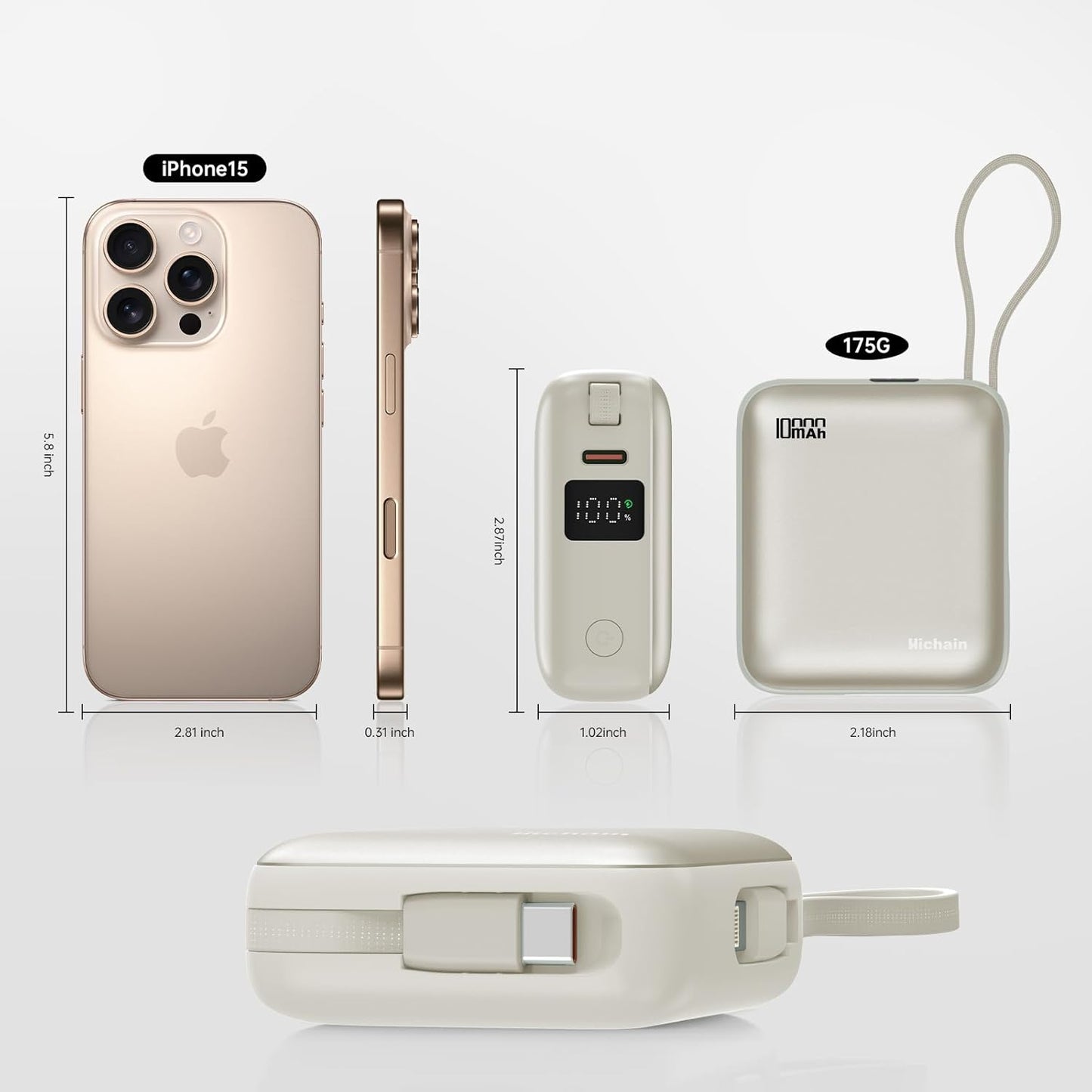 Hichain Small Portable Charger with Built in Cables LED Display, Mini Power Bank 10000mAh 22.5W USB-C Fast Charging Battery Pack, Travel Essential Power Bank for iPhone, iPad, Samsung, Android (Gold)