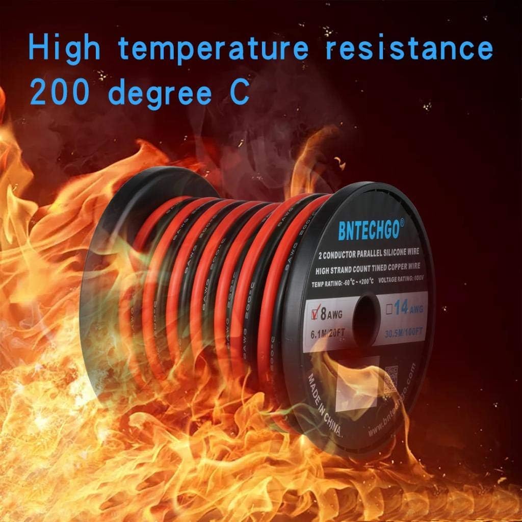 BNTECHGO 8 Gauge Flexible 2 Conductor Parallel Silicone Wire Spool Red Black High Resistant 200 deg C 600V for Single Color LED Strip Extension Cable Cord,Model,20ft Stranded Tinned Copper Wire