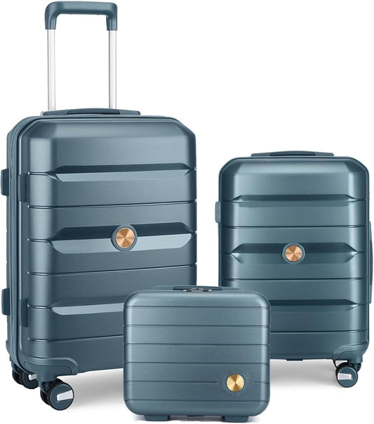 Somago Luggage Sets 3 Piece Hard Shell Polypropylene Suitcase with TSA Lock Spinner Carry On Luggage with Beauty Case Travel Set,Ice Blue