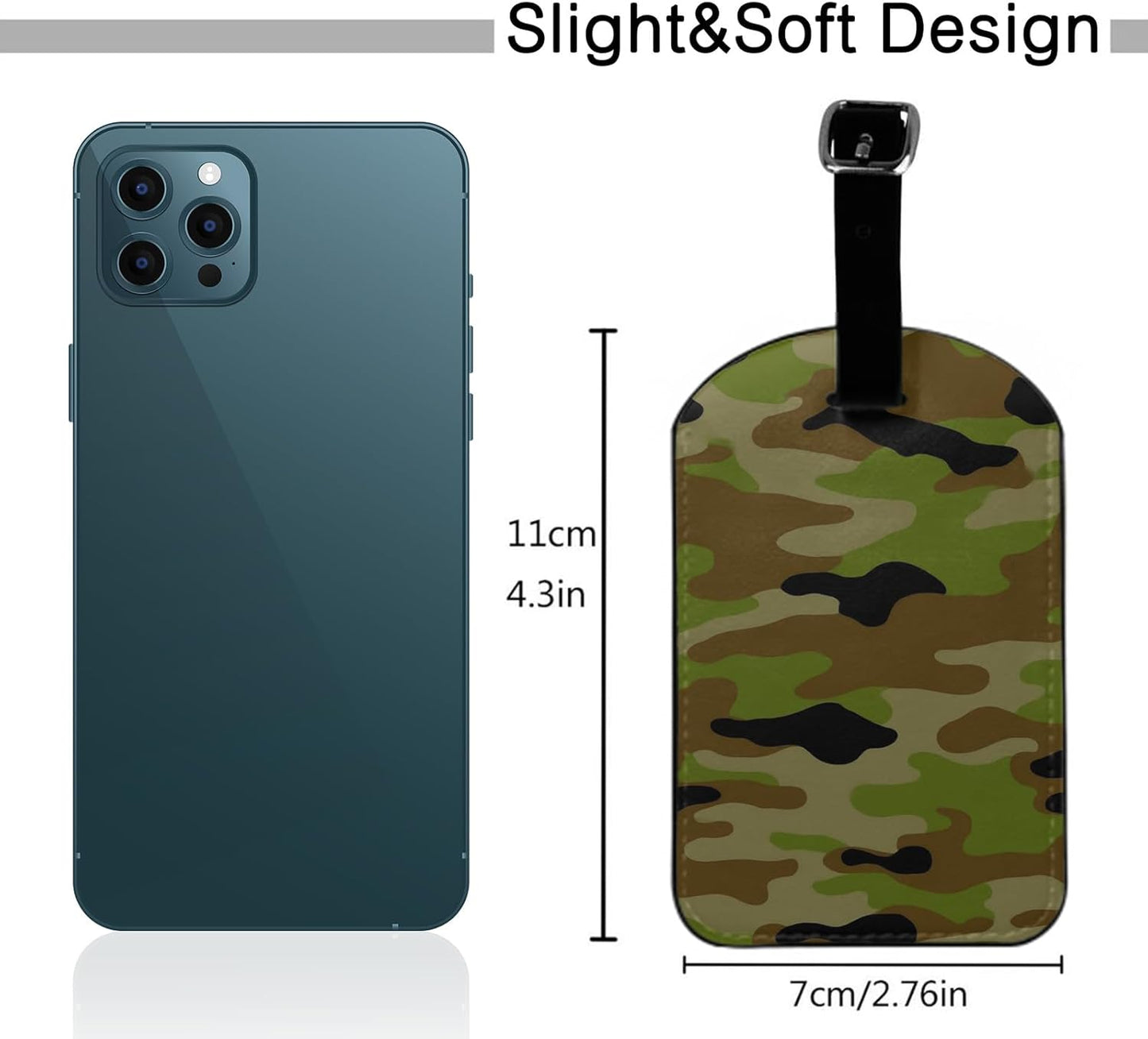 Camouflage Pattern Leather Luggage ID Tag Hunting Green Brown Graphic Baggage Tags with Full Privacy Cover for Travel Bag Suitcase Set, 1 Pack