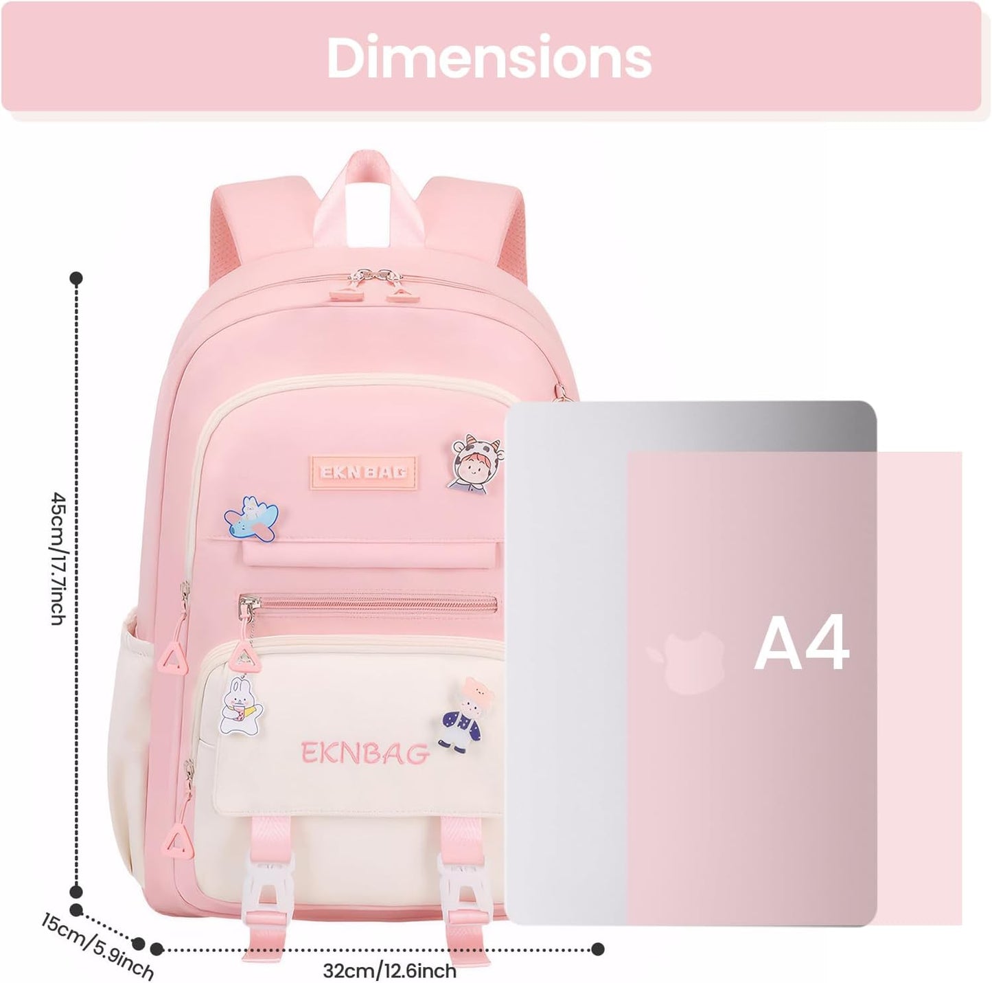 Tanou School Backpacks for Girls, Kawaii Kids School Bag with Pendant, Elementary Primary Middle School Lightweight 20L, Pink