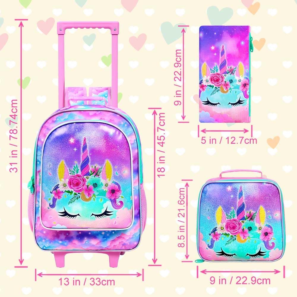 3PCS Rolling Backpack for Girls and Boys, Kids Roller Wheels Bookbag, Wheeled Elementary School Bag with Lunch Bag