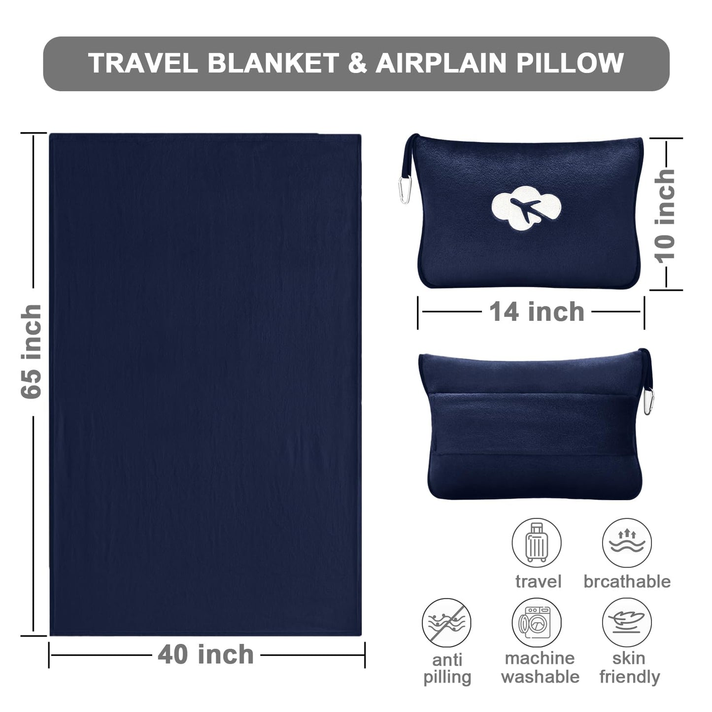 Travel Blanket and Pillow Compact, Premium Soft 2 in 1 Airplane Blanket with Soft Bag