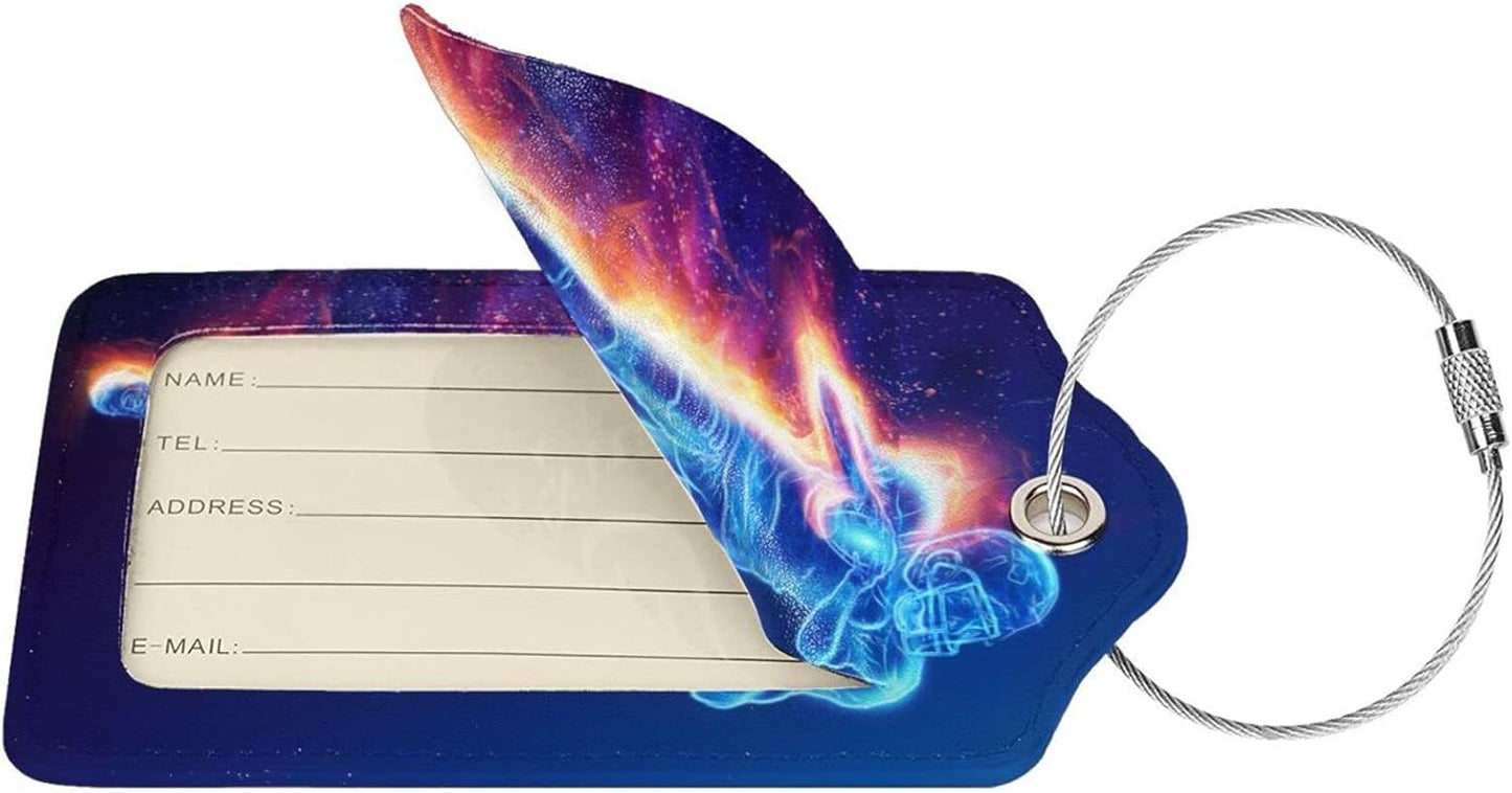 Cool Blue Travel Luggage Tags Football Themed, 2Pcs Leather Suitcases Bag Tag for Sports Boys Men Kids, Name Labels Baggage Tags with Full Back Privacy Name ID Card Stainless Steel Loop