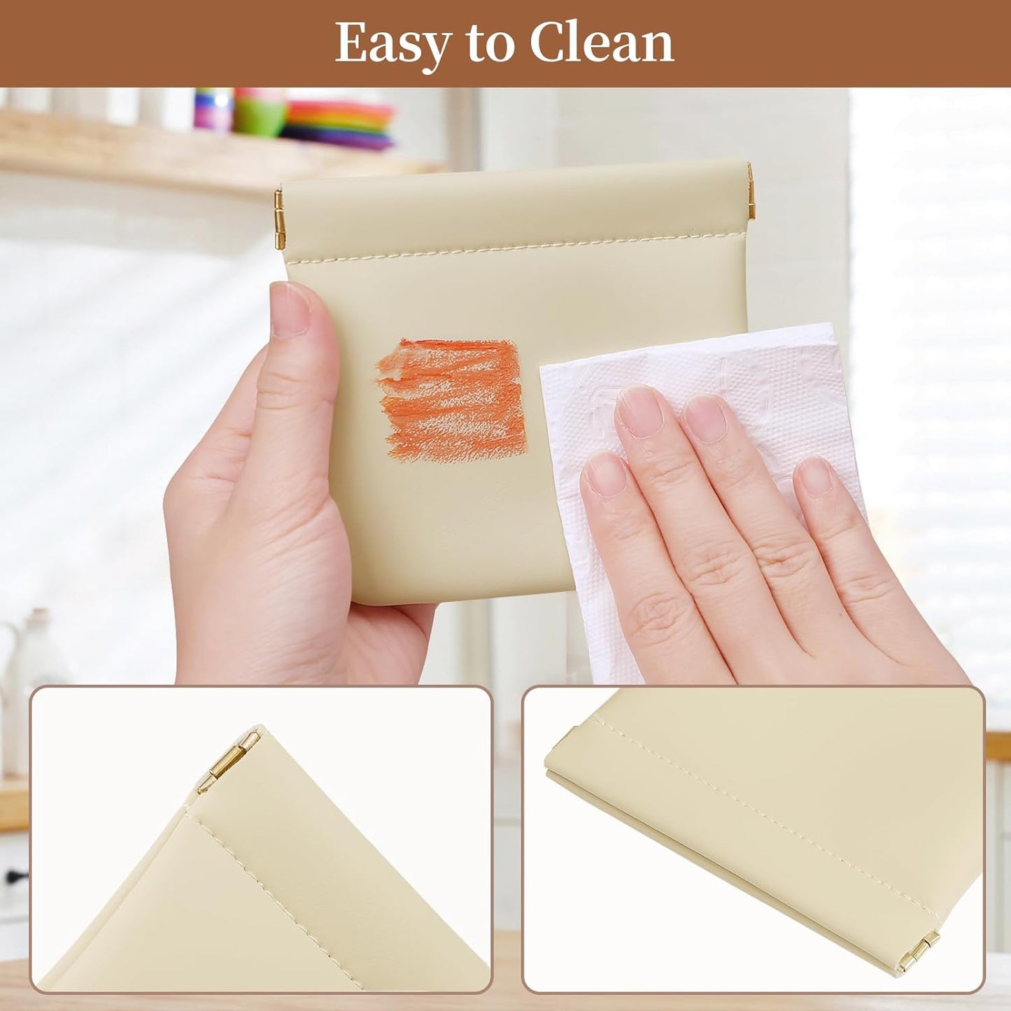 2 Pack Small Makeup Bag for Women, New Organosilicon Super Fiber Leather Mini Cosmetic Bag for Travel, Coin Purse Organizer Storage Pouch (Beige)