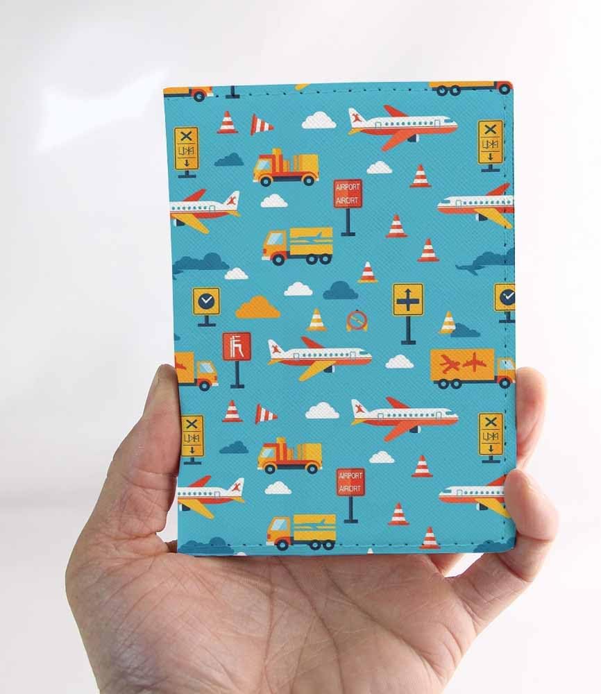 Airport Vehicles Passport Holder for Travel Airplanes Tractor Car Truck PU Leather Passport Cover Wallet Cute Passport Card Holder for Women and Men
