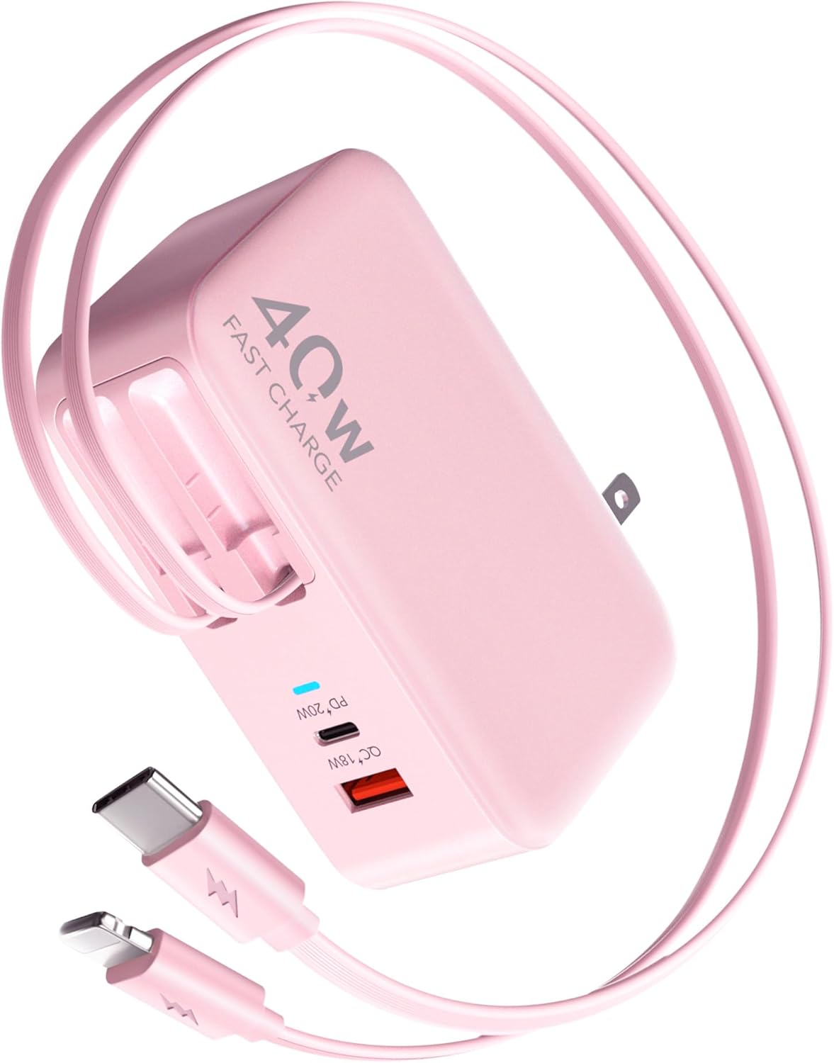 4-in-1 Retractable Gan Wall Charger Plug for iPhone 17 USB C,Travel Essentials Brick Multiport,3ft Lightening+ Type C Cables,40W Fast Charging Foldable Block for iPhone 17 Pro/16/15/14/13,iPad,Galaxy
