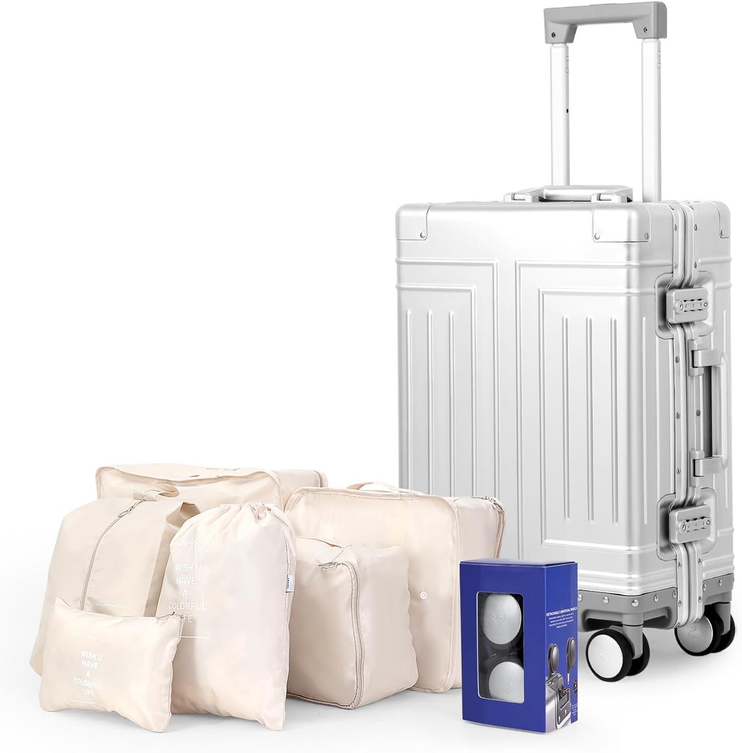 All Aluminum Magnesium Carry On Luggage with Removable Wheels Provide Spare Wheels. Lightweight Metal Hard Shell Zipperless Suitcase Travel Essential Accessories 22x14x9.