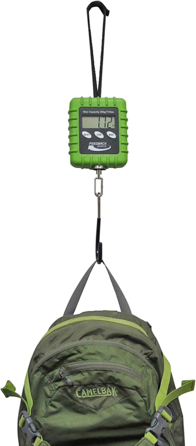 FEEDBACK SPORTS | Expedition Backpacking, Biking, Luggage 110lbs Capacity Digital Scale | Protective Rubber Exterior, Lbs/Kgs/Ounces/Grams/Decimal LCD Display | Batteries Included