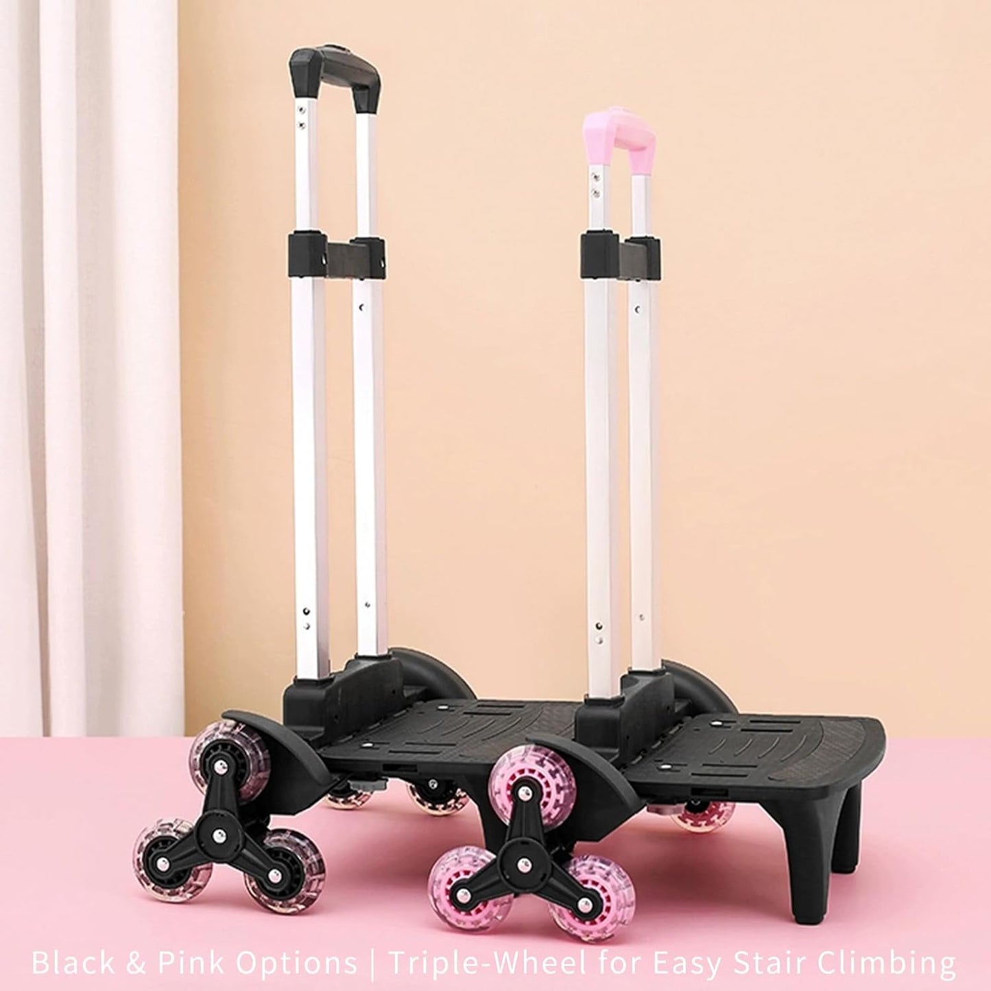 Lightweight Foldable Backpack Trolley – Black 3-Wheel Rolling Hand Truck with Strap, Portable