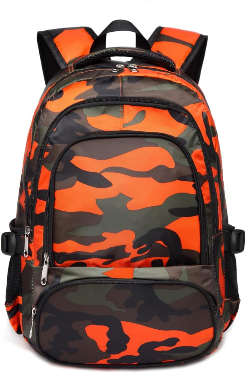 BLUEFAIRY Kids Backpacks for Boys Girls Elementary Primary Middle School Bookbags Back to School Bags for Childs Age 6-8 Mochilas Escolares para Niños Niñas 17 Inch Camo Orange