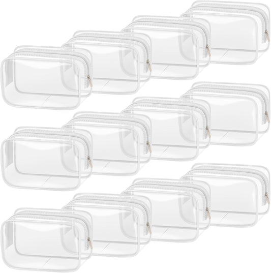 TISRATOK 12 PCS Clear Makeup Bag for Women with Zipper, TSA Approved Toiletry Pouch, Cosmetic Bag Bulk for Travel Organizer Essentials - White,Small