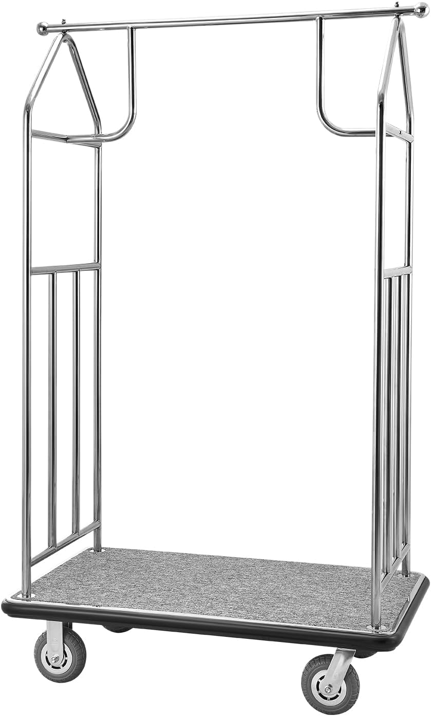 VEVOR Hotel Luggage, 800 LBS Load Capacity, Brushed Stainless Steel Finish Bellman's Cart, Valet Cart with Grey Carpeted Deck and 6-inch Rubber Wheels, Ideal for Hotels, Condos, Resorts, Silver