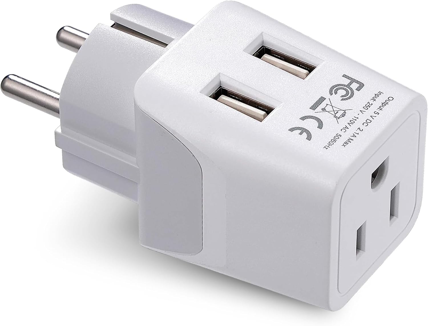 Ceptics Schuko, Germany, France, Spain Travel Adapter Plug with Dual USB - Usa Input Type E/F