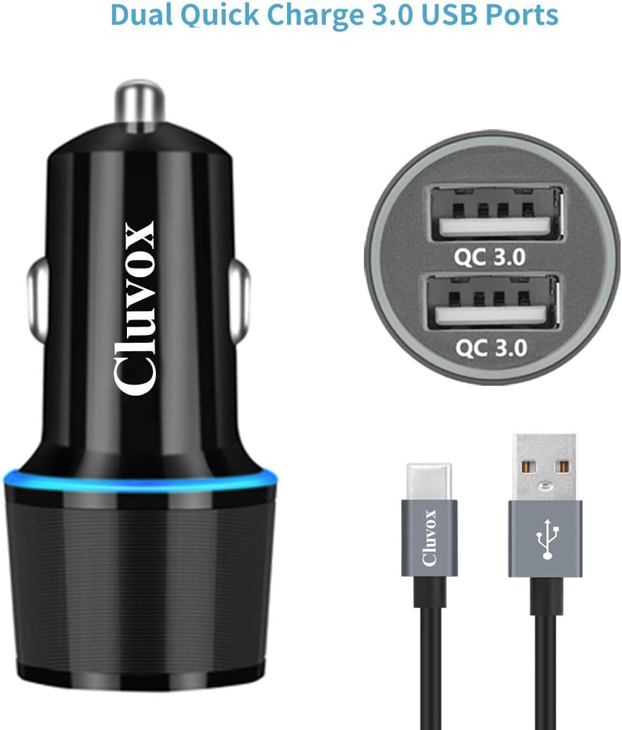 Fast USB Car Charger for Samsung Galaxy A55/A54/A53/A50/A15/A14/S25/S24/S23/S22/S21 Plus/Ultra/S10/S9/S8/Note 20/A10S/A21/A31/A51 Quick Charge 3.0 Dual USB Rapid Car Charger with Type C Cable 3.3ft