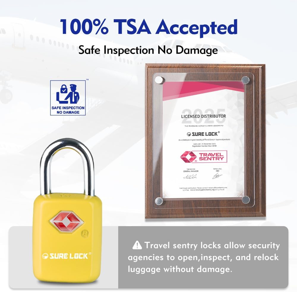 Sure Lock TSA Approved Luggage Locks Mini Size Lock with Keys for Travel, Zinc Alloy Body with Steel Shackle, Key Alike, Key Alike in The Same Package